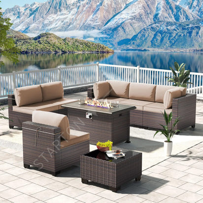 Modern Patio Rattan Sofa Set PE Wicker Sectional Sofa Set High Quality Rattan Outdoor Furniture Set with Fire Pit