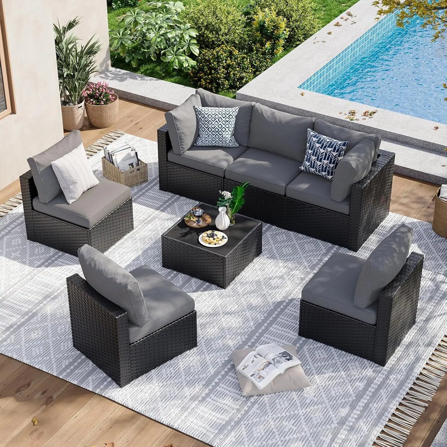 7 Piece Patio Furniture Set Wicker Rattan Patio Sectional Sofa Set Outdoor Seating Furniture with ThickenedCushion, Grey