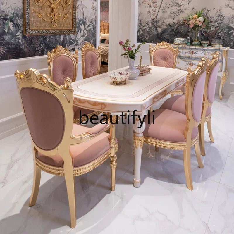 A55 French court style solid wood dining table and chair combination light luxury oval table six chairs dining table