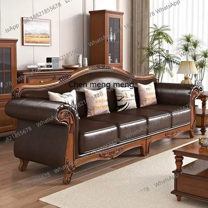 American vintage leather sofa living room solid wood country European style sofa inline furniture