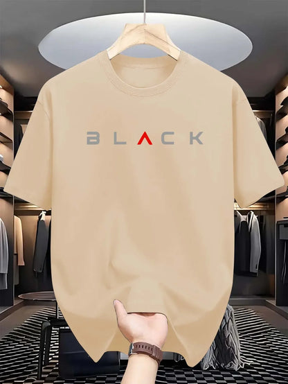 Summer men's 100% pure cotton casual loose fit plus size BLACK letter pattern printed round neck short sleeved T-shirt top