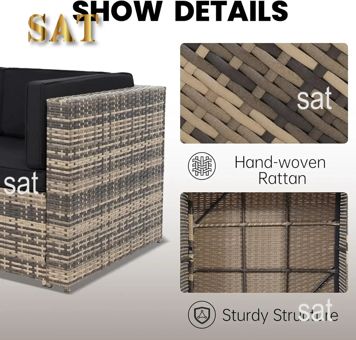 --8 Pieces Outdoor Wicker Rattan Patio Furniture Sectional Set, Glass Top Table with Hidden Storage, Oversized Cushions.sofa Bed