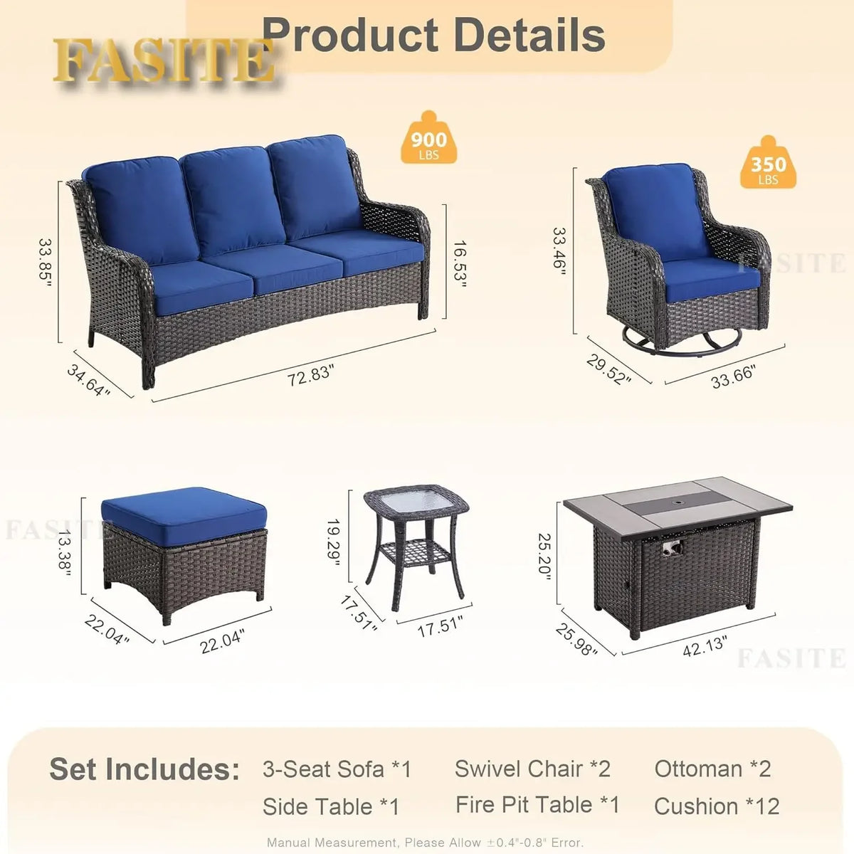 50,000 BTU Rectangular Propane Fire Pit Table 7-Piece High-Back Conversation Sofa and Matching Side Table,Grey Rattan Denim Blue