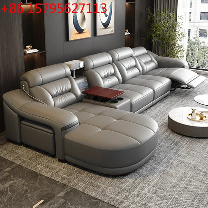 MANBAS Genuine Leather Living Room Sofas Sets Power Reclining Couch Electric Recliners With Projector, USB, Speaker & Cup Holder