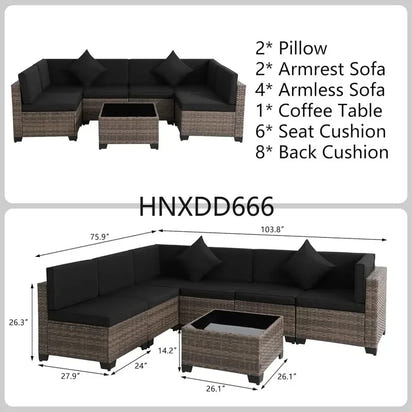 Brown Rattan Sectional Sofa Set with Cushions and Coffee Table for Outdoor Patio
