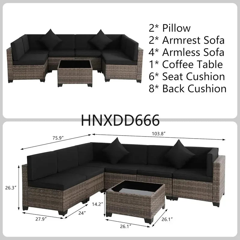 Brown Rattan Sectional Sofa Set with Cushions and Coffee Table for Outdoor Patio