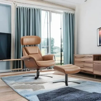 Leather Reclining Swivel Chair with Adjustable Headrest and Ottoman for Living Room, Saddle Color, Arm Rest, Cushion Included