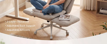 TCGBKAF Beige Big&Tall Office Chair with Flip Armrests Cross Legged Office Chair with Wheels Soft Chenille Executive Chair with Adjustable Lumbar Support Ergonomic Computer Desk Chair
