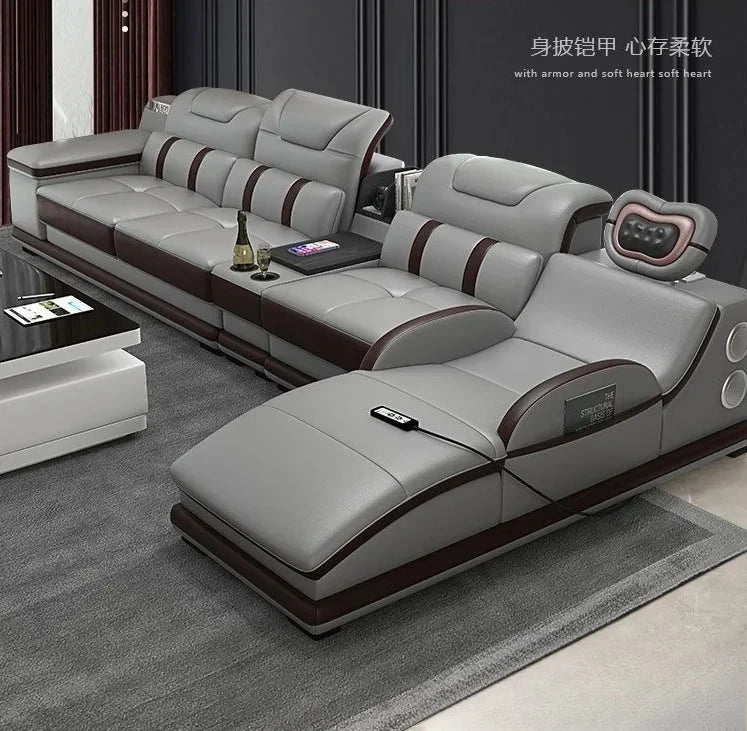 Italian Sofa with Bluetooth, Speaker, Functional Headrest, Massage Chaise | Big Corner Couch