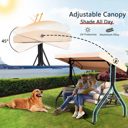 Patio Porch Swing 3Seat Outdoor Swing with Adjustable Canopy Waterproof Fabric Cushion Pillow and Foldable Side Tray for Patio