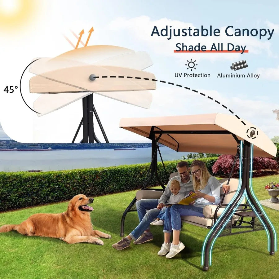 Patio Porch Swing 3Seat Outdoor Swing with Adjustable Canopy Waterproof Fabric Cushion Pillow and Foldable Side Tray for Patio