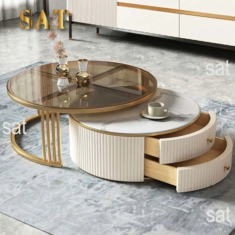 l # Modern Living Room Furniture Gold Base Stainless Steel Coffee Table White Stone Two Pieces Round Coffee Table And Tv Stand