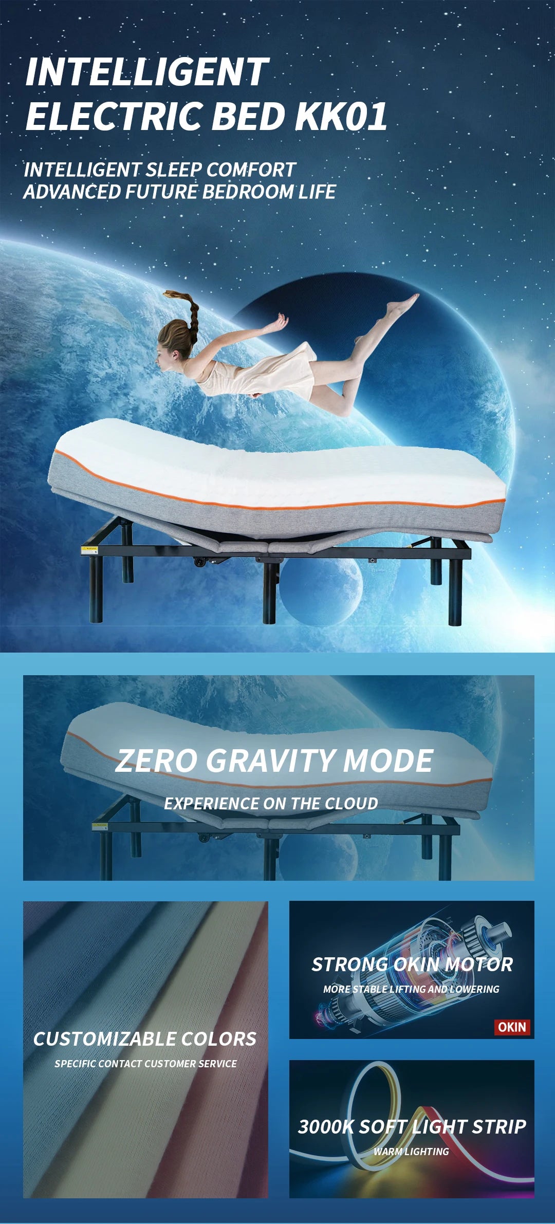 Factory OEM Okin Motor King Bed and Queen Electric Adjustable Bed Frame Smart Bed with Massage