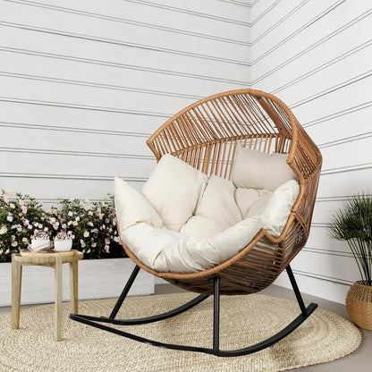 Hot-Large Cushioned PE Rattan Rocking Chair For Indoor And Outdoor Use: Perfect For Patios And Balconies