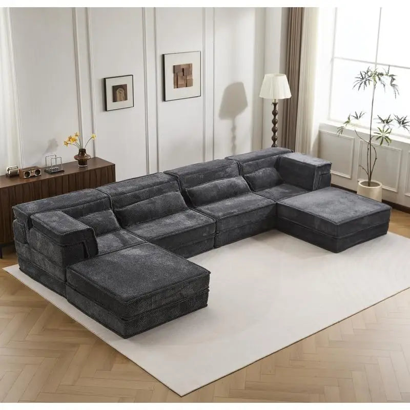 Modular Convertible Floor Sofa Bed, DIY Boneless Sectional Sofa, No Assembly Needed, Oversized 4-Seater with 2 Ottomans, Dark