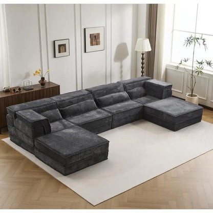 Modular Convertible Floor Sofa Bed, DIY Boneless Sectional Sofa, No Assembly Needed, Oversized 4-Seater with 2 Ottomans, Dark