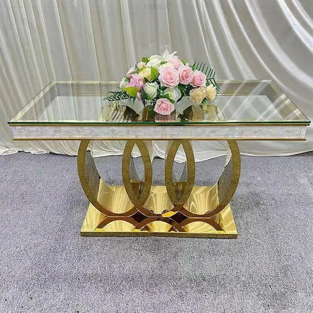Luxury Modern Stainless Steel Metal Wedding Table with Glass Top Durable Hotel Furniture for Dining Wedding Events