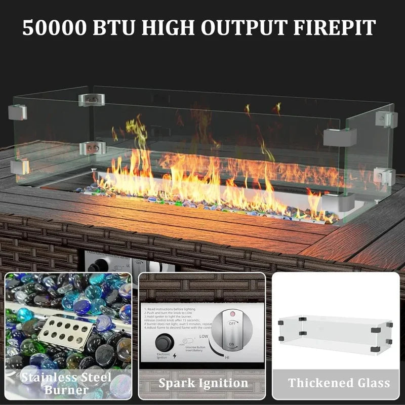 8-Piece Patio Set with 44" Fire Pit Table, Outdoor Couch and Glass Coffee Table, Includes 2 Waterproof Covers