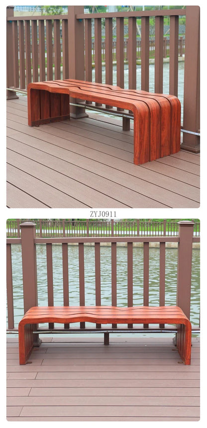 Banc d'extérieur de parc en fer forgé, chaise communautaire de loisirs, double banc carré d'extérieur, jardin en bois massif