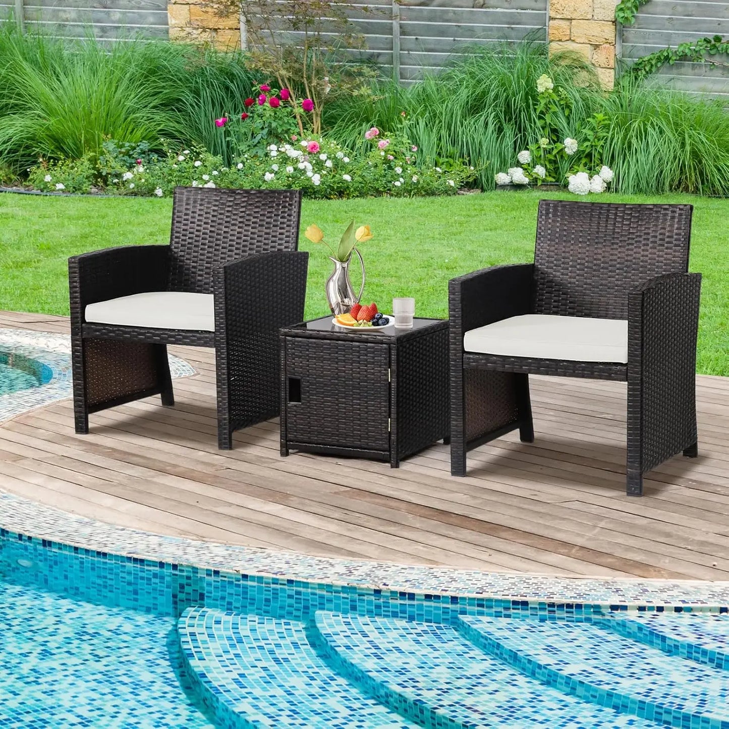 3 Pieces Outdoor Wicker Conversation Set with Waterproof Cover, 2 Patio PE Rattan Cushioned Chairs with Side Storage Table, Suit