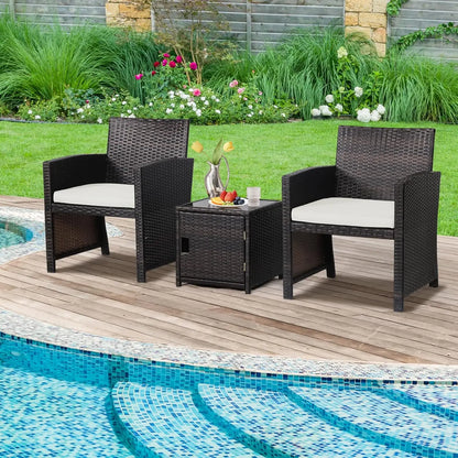 3 Pieces Outdoor Wicker Conversation Set with Waterproof Cover, 2 Patio PE Rattan Cushioned Chairs with Side Storage Table, Suit