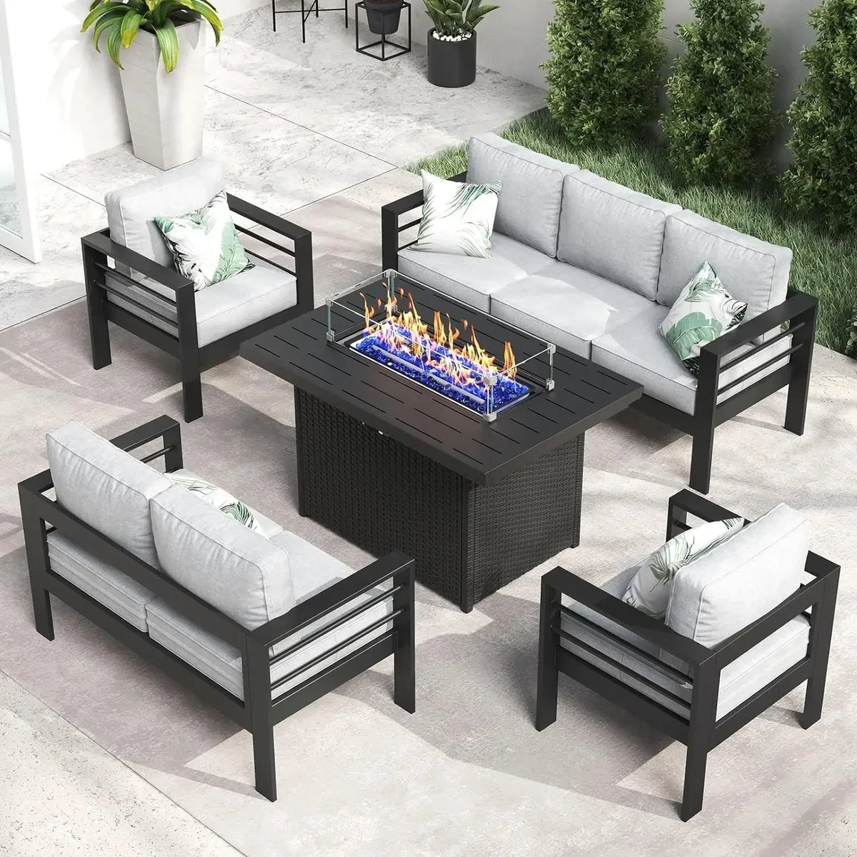 Furniture Set with Fire Pit Table 5 Piece Patio Modular Conversation Chat Sofa Modern Seating Set