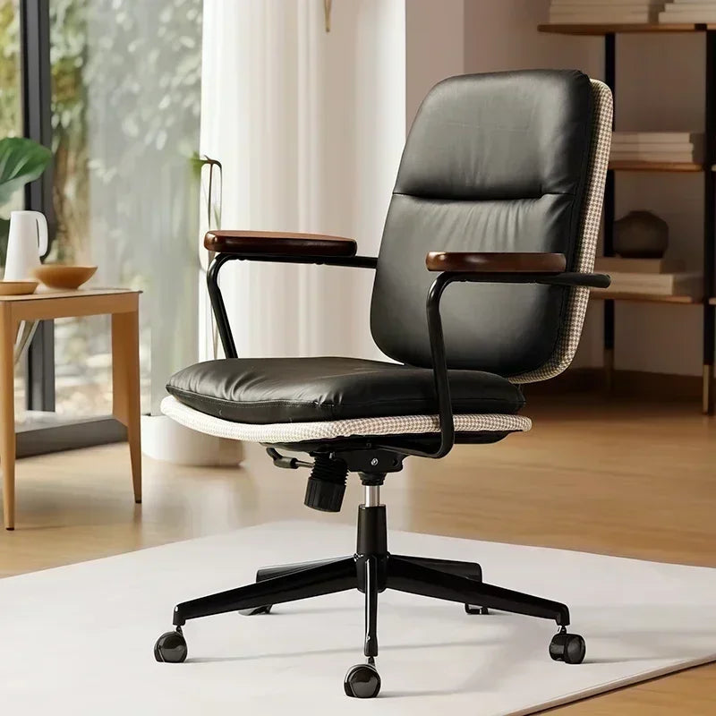 Comfortable Genuine Leather Chair Steel-Legged Adjustable Swivel Seat Ergonomic Desk Chair for Prolonged Sitting