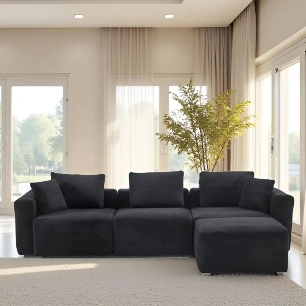 112" Sectional Couch with Movable Ottoman, Modern Corduroy Cloud Sofa Set with Deep Seat, Convertible L-Shape Boneless Couch for