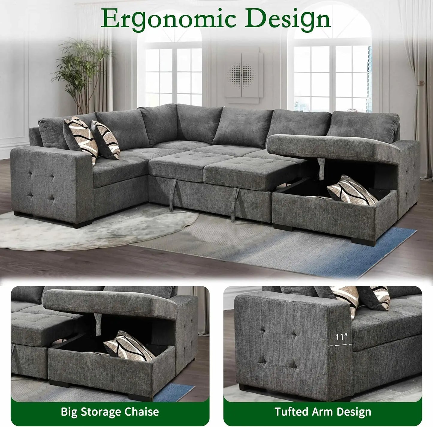 Sectional Sleeper Sofa Couch with Pull Out Bed and Storage Chaise, U Shape Sectionals Sofas, Oversized Sectionals Couches