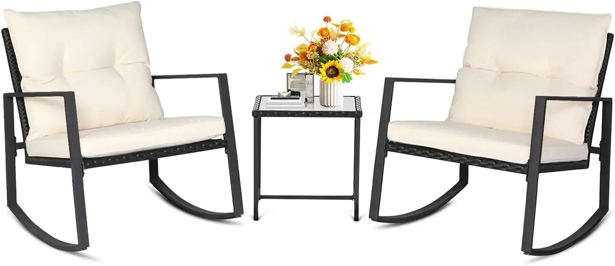 Curated Design 3 Piece Outdoor Rocking Bistro Set Black Wicker Furniture Porch Chairs Conversation Sets with Glass Coffee Tab