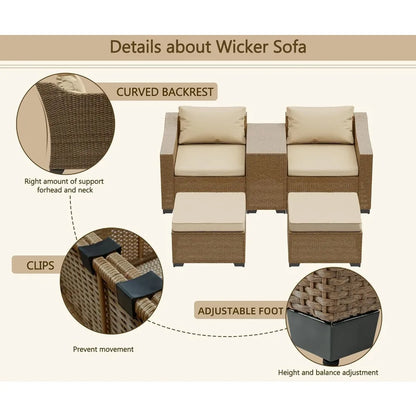Patio Conversation Set Rattan Outdoor 6 Piece, Sectional Furniture Sofa Set, Wicker Couch with Coffee Table and Cushions for Poo