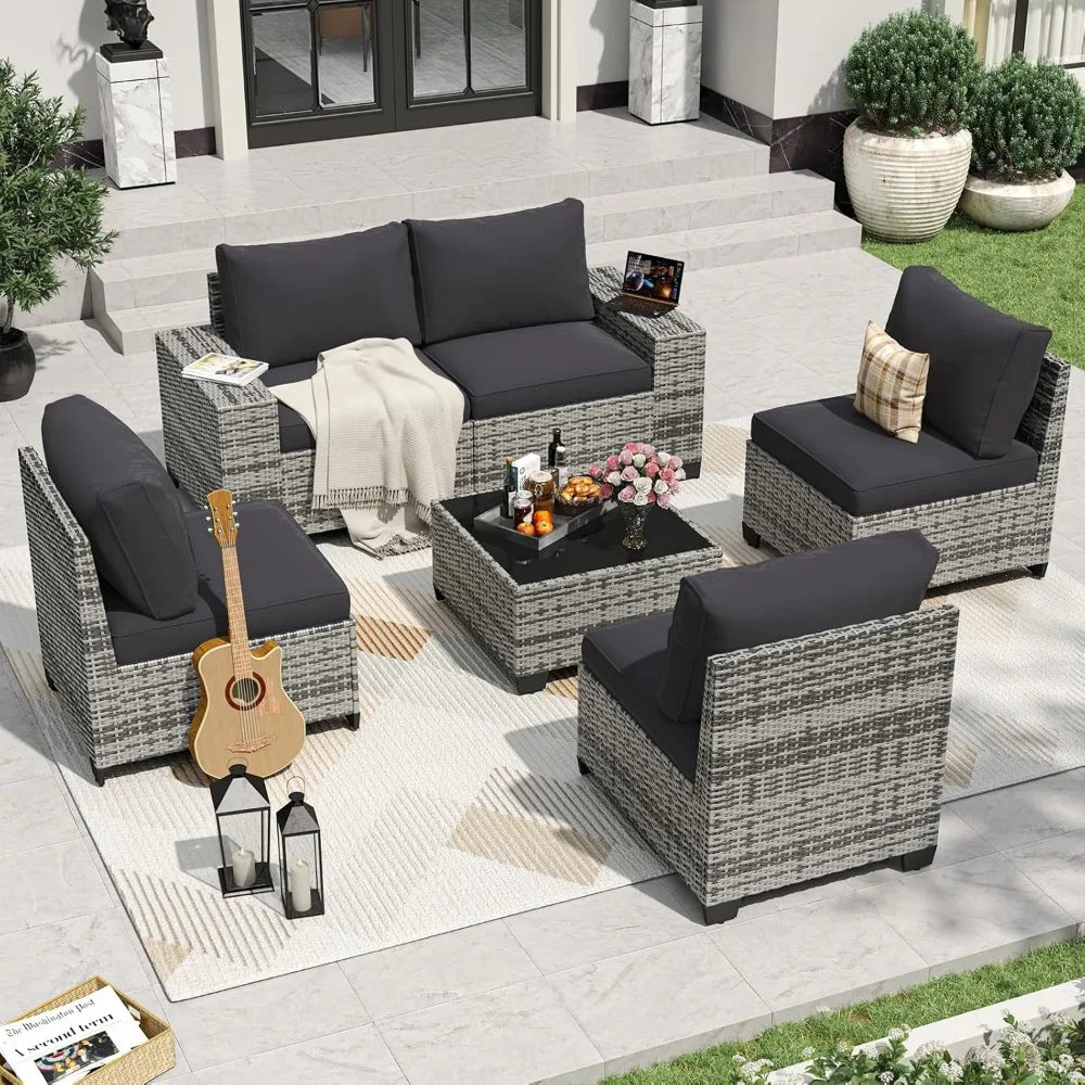 Patio Furniture Set Wicker Rattan Outdoor Sectional Conversation Set with Coffee Table and Thick Cushions