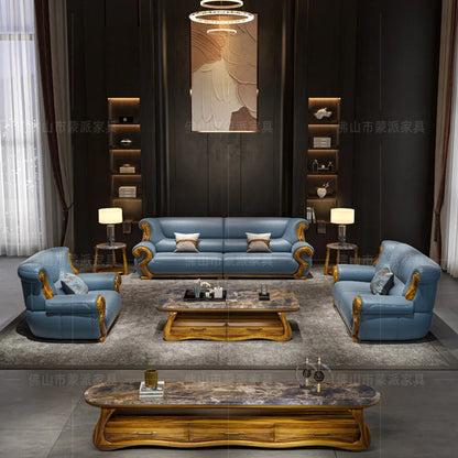 New Chinese ebony leather sofa combination first layer cowhide high-end villa living room modern solid wood sofa furniture