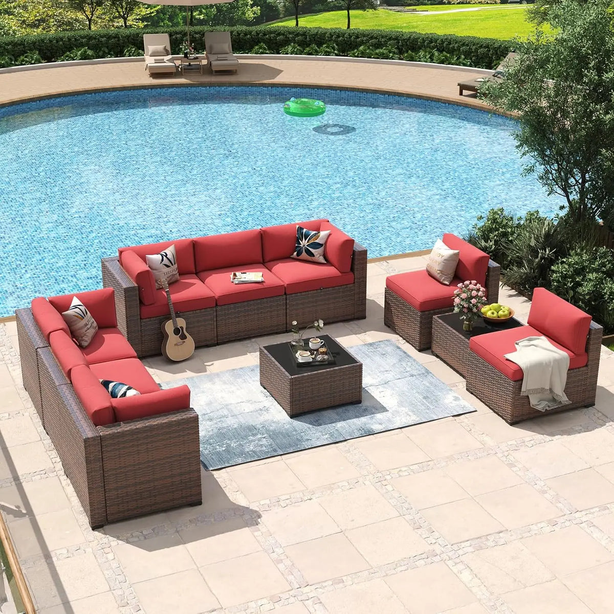 8 Piece Patio Furniture Set with 44” Fire Pit Table Rattan Outdoor Sectional Sofa Set with Coffee Table and Thickened Cushions