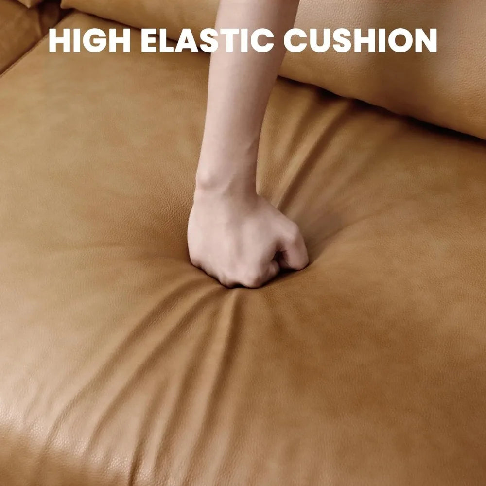 100 Faux Leather Couch with Movable Ottoman, 3 Seater L Shaped PU Leather Sofa with Side Pocket, Comfy Mid Century Mod