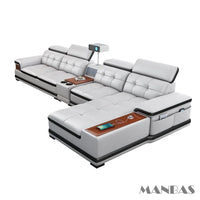 Linlamlim Luxury Genuine Leather Sectional Sofa with Adjustable Headrests, Projector, Speaker and Storage for Living Room Couch