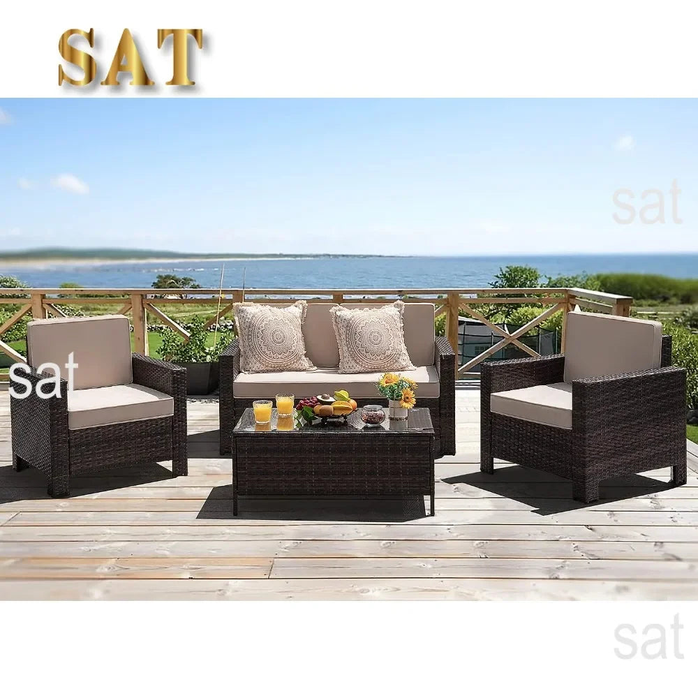 # l 4-piece courtyard furniture set, rattan chair and willow dialogue sofa set, suitable for outdoor, indoor, garden and balcony