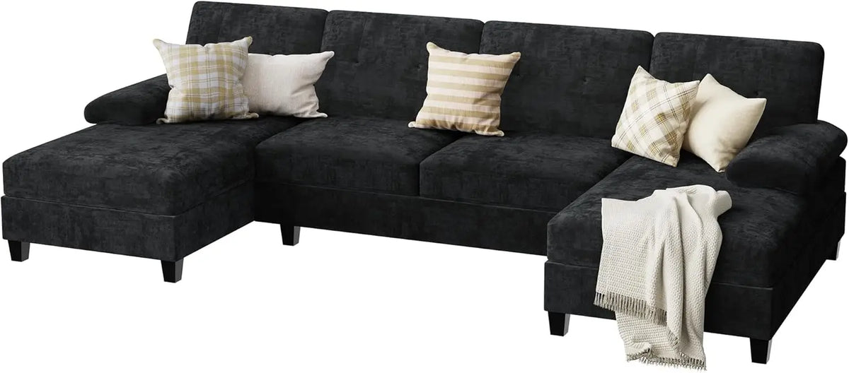 U-Shaped Modular Sectional Sofa, 4-Seat Convertible Couch with Double Chaise for Living Room, Black