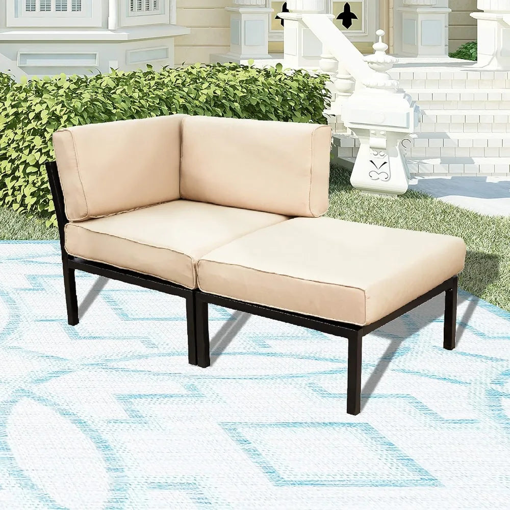 2 Piece Patio Furniture Set Sectional Balcony Corner Outdoor Loveseat Couch Armchiar Sofa with Ottoman Metal Steel Frame, Khaki