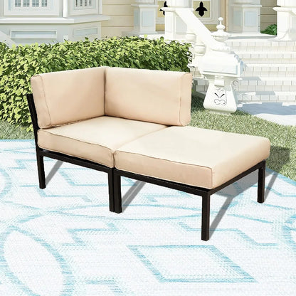 2 Piece Patio Furniture Set Sectional Balcony Corner Outdoor Loveseat Couch Armchiar Sofa with Ottoman Metal Steel Frame, Khaki
