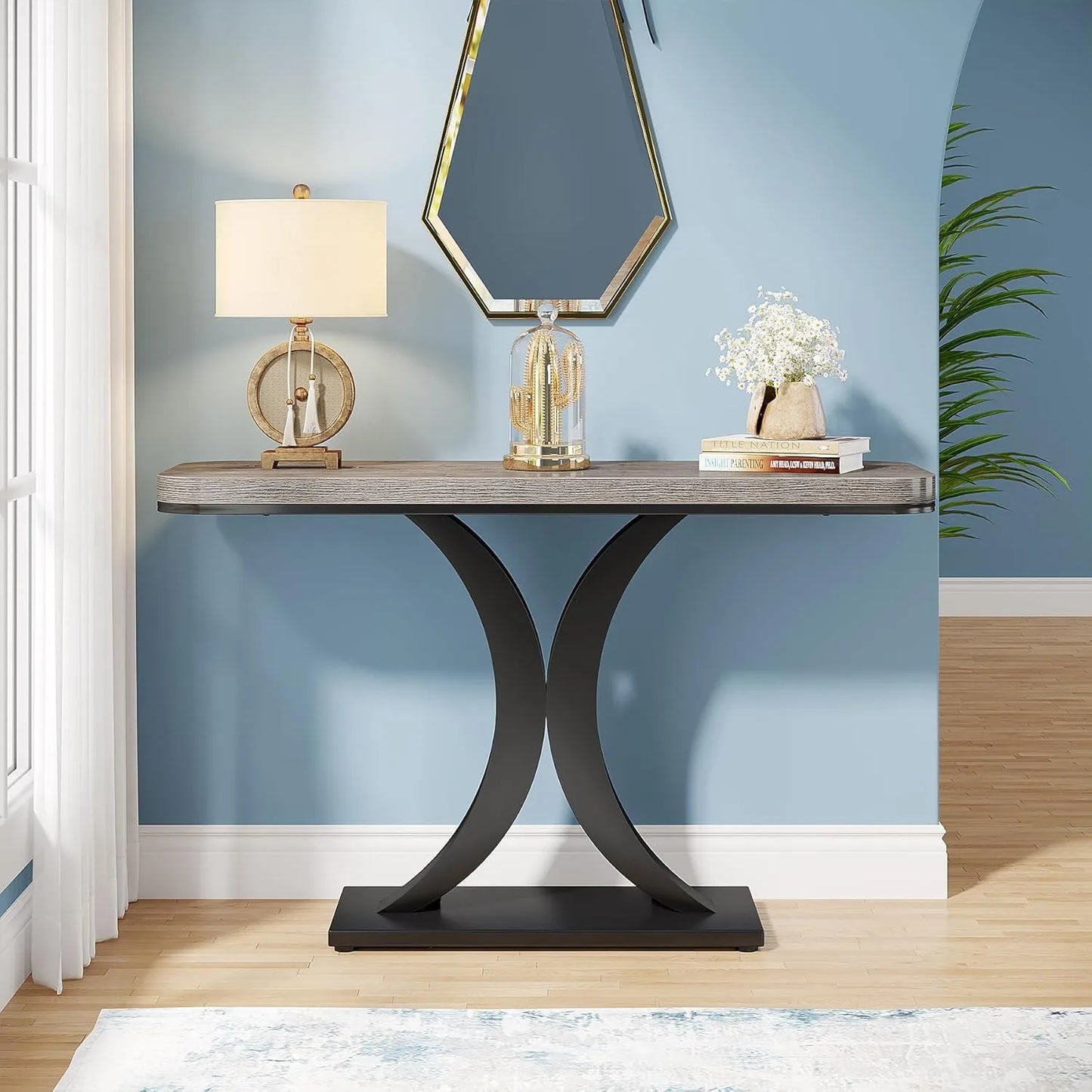 LITTLE TREE Industrial Console Table, 40 inch Narrow Entryway Foyer Table with Geometric Base, Accent Table for Living Room