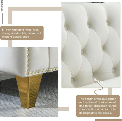 80-inch Modern Velvet 3-Seater Sofa with Button Tufted Design, Gold Metal Legs for Living Room