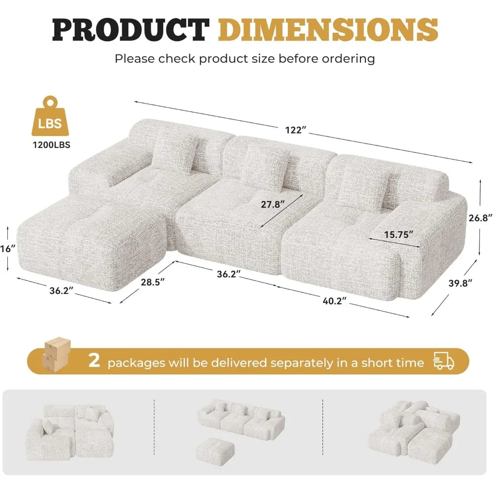 122" modern l shaped modular sectional sofa, boneless couches for living room with ottoman,4 seater convertible chenille cloud c