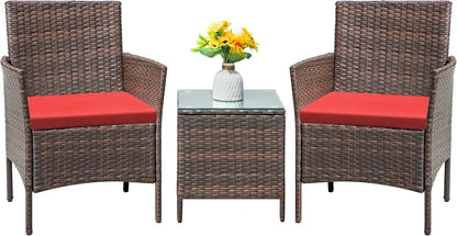 Set 3 Pieces All-Weather Rattan Outdoor Furniture Patio Chairs with Tempered Glass Table for Porch Bistro Balcony (Brown/Cream)