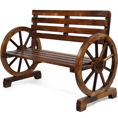 Country style wooden wheeled outdoor chair, patio bench with slat seating for 2 people, outdoor garden bench