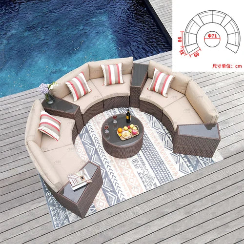 Sofa, courtyard, garden, leisure, outdoor living room, semi circular curved rattan chair, terrace, outdoor furniture combination