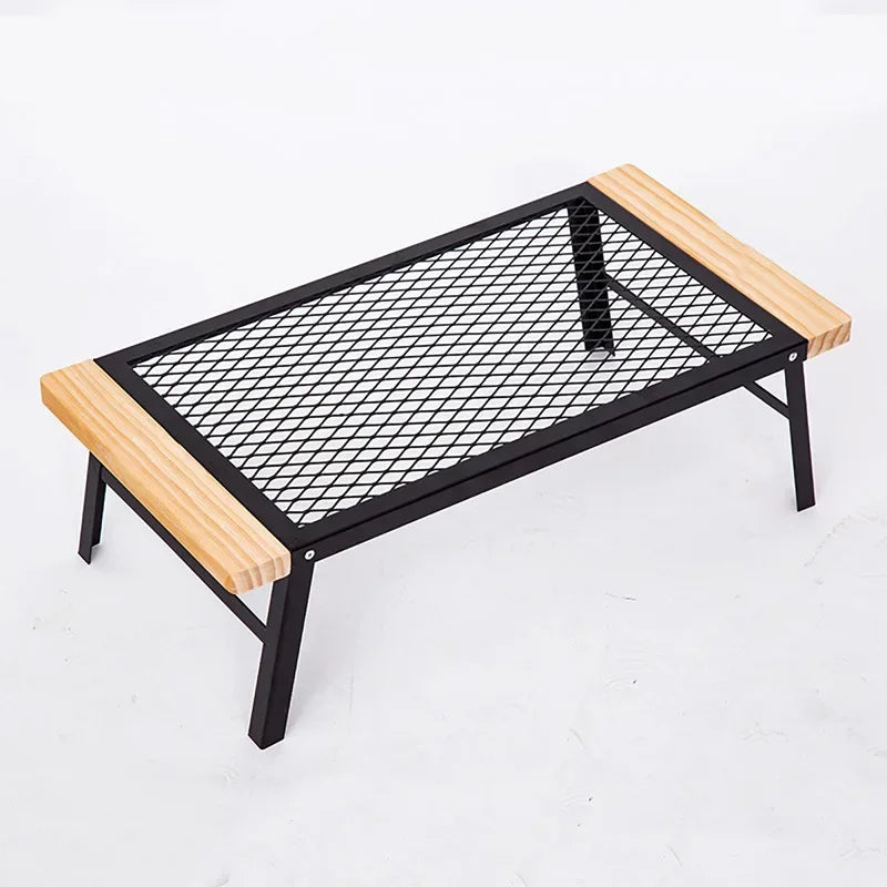 Outdoor Camping Table Mini Wrought Iron Folding Table Storage Barbecue Multi-functional Barbecue Net Table with Wooden Edge
