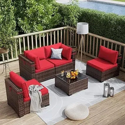 Patio Furniture Set Outdoor Modern Sectional  Wicker Couch with Glass Coffee Table, Thicken Cushions, Waterproof Cover