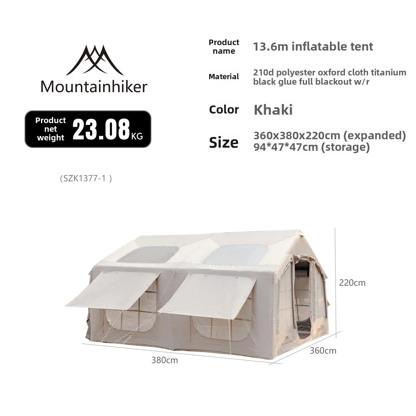 Mountainhiker 13.6㎡ Large Inflatable Tent Outdoor Camping 8-10 Person Tent Rainproof Family Awning Beach Quick Open Fishing Park