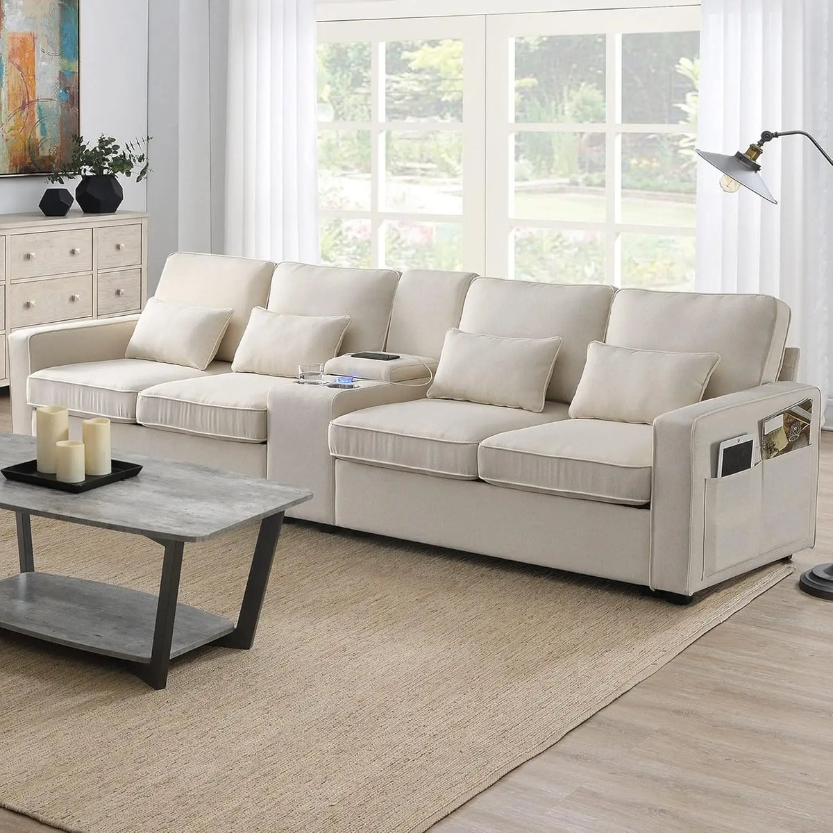Upholstered Sectional Sofa with Console, 2 Cup Holders and 2 USB Ports & Wirelessly Charged, Modern Linen Fabric 4-Seat Couch